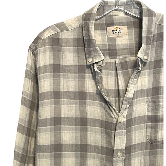 Marine Layer Button-Down Shirt Mens Medium Gray Plaid Cotton Linen Casual - Picture 2 of 7